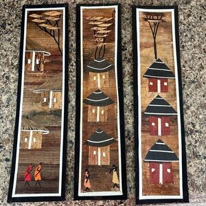 Set of 3 Handmade Ethiopian Wall Hangings Depicting Life in the Villages